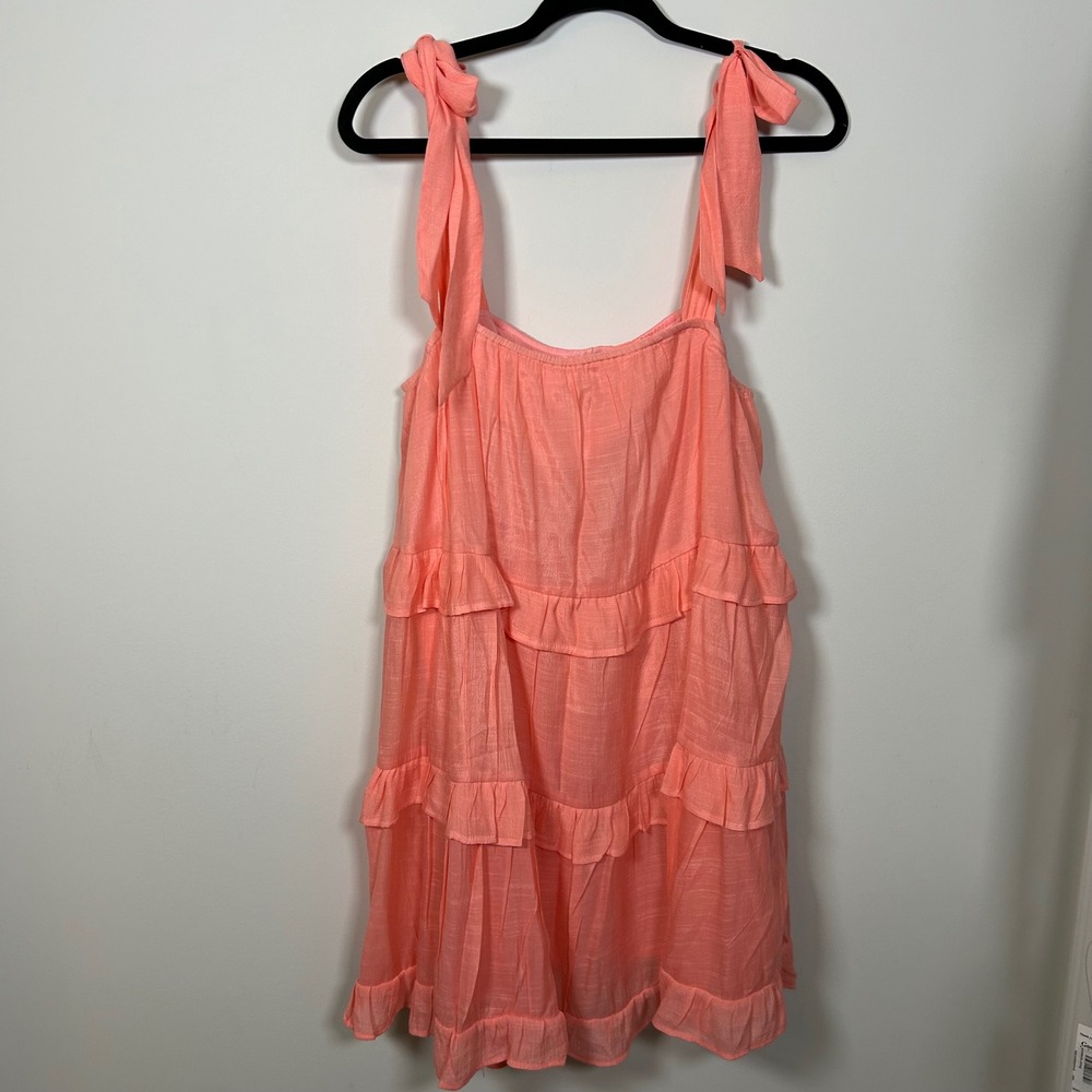 Hyfve Womens Tiered Ruffle Mini Dress Rayon L Peach Pink Tie Shoulder Sleeveless
